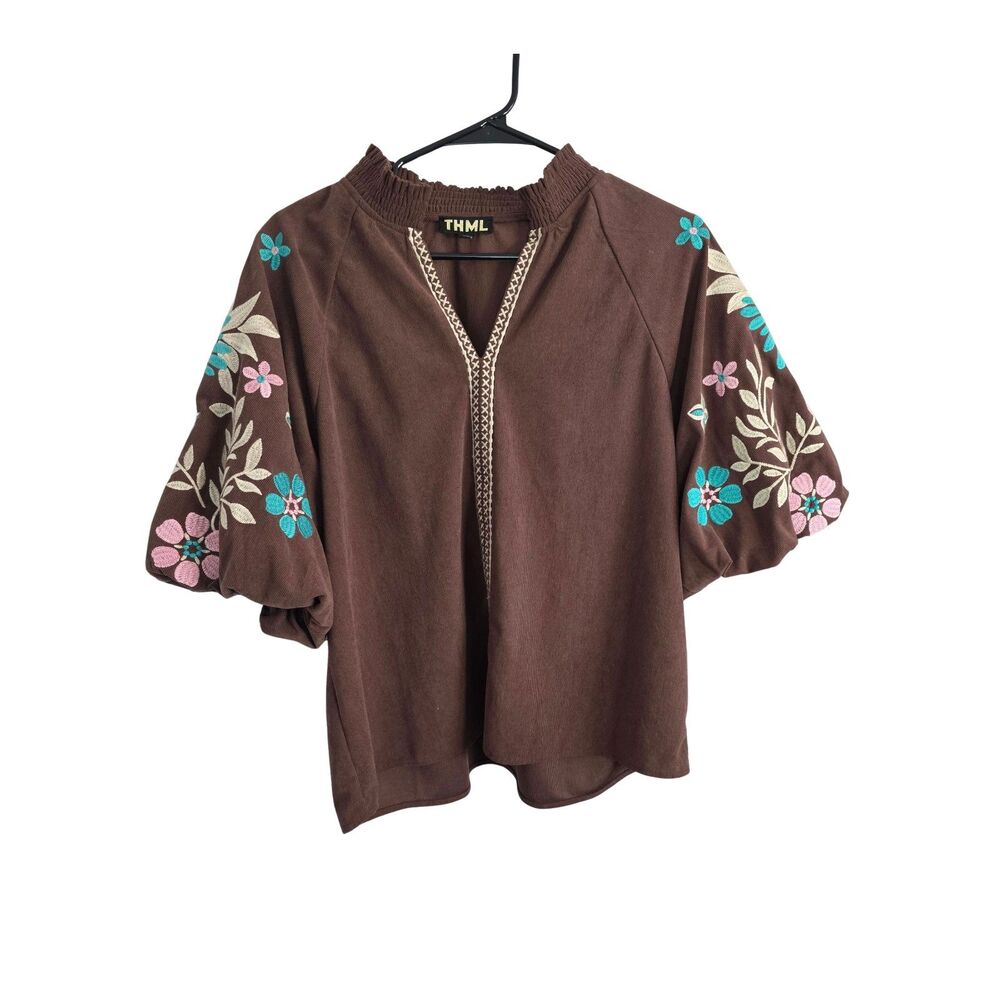 THML Chocolate Brown Floral Embroidered Puff Sleeve Smocked Neck Blouse L